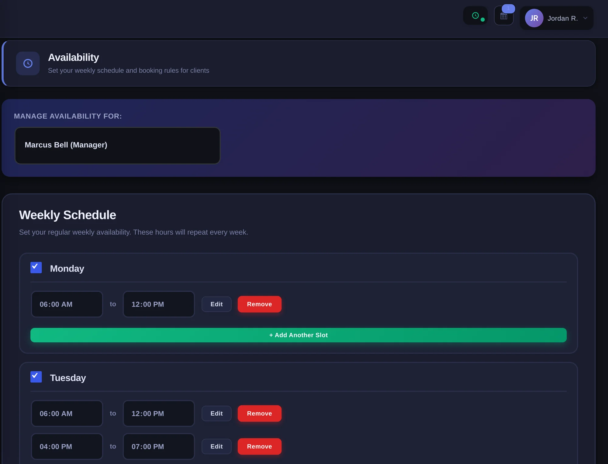 Weekly availability editor with time blocks for a trainer