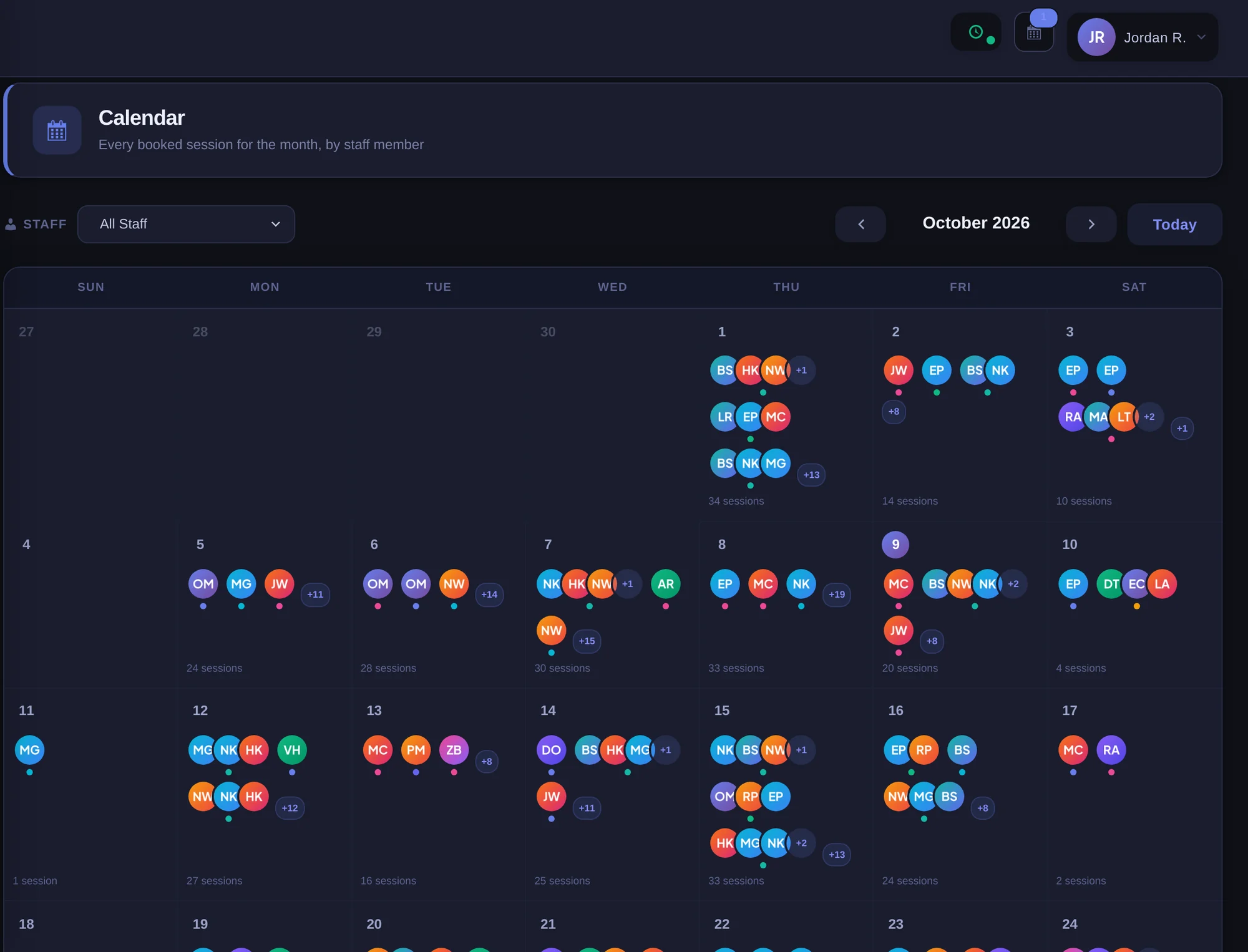 Month calendar showing booked sessions for every staff member