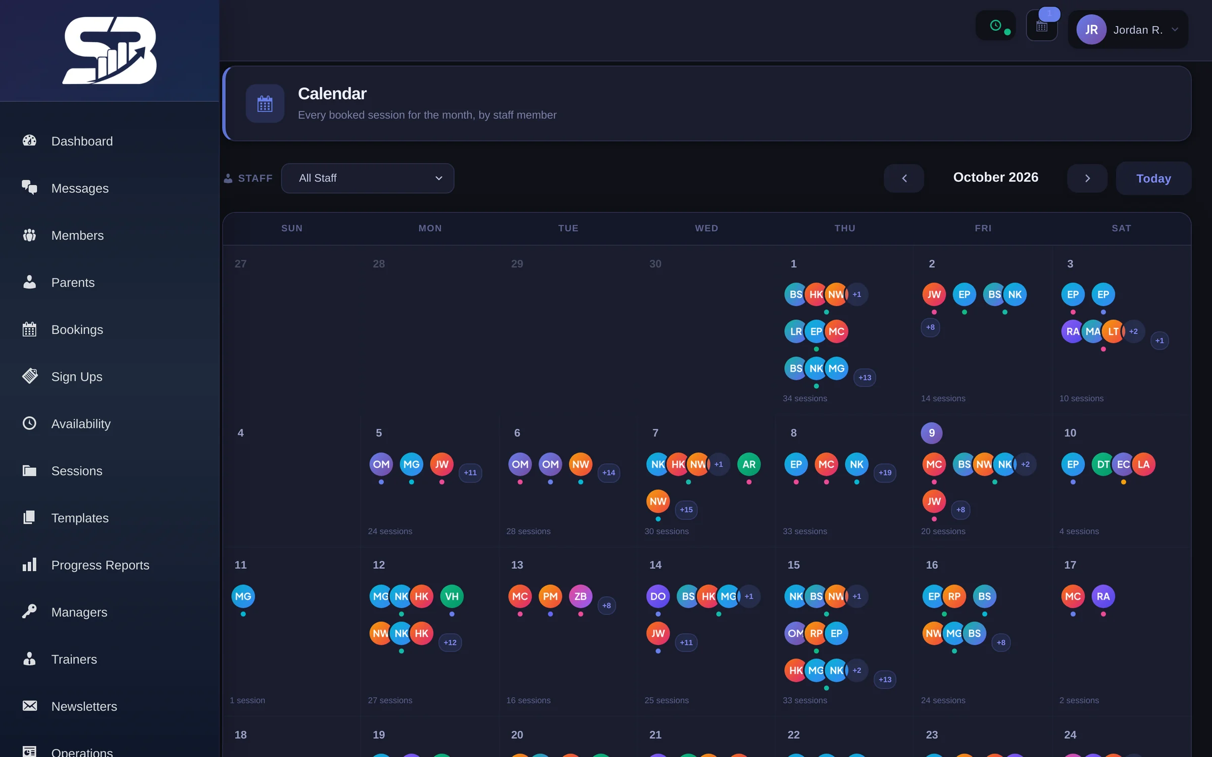 Month calendar showing booked sessions for every staff member