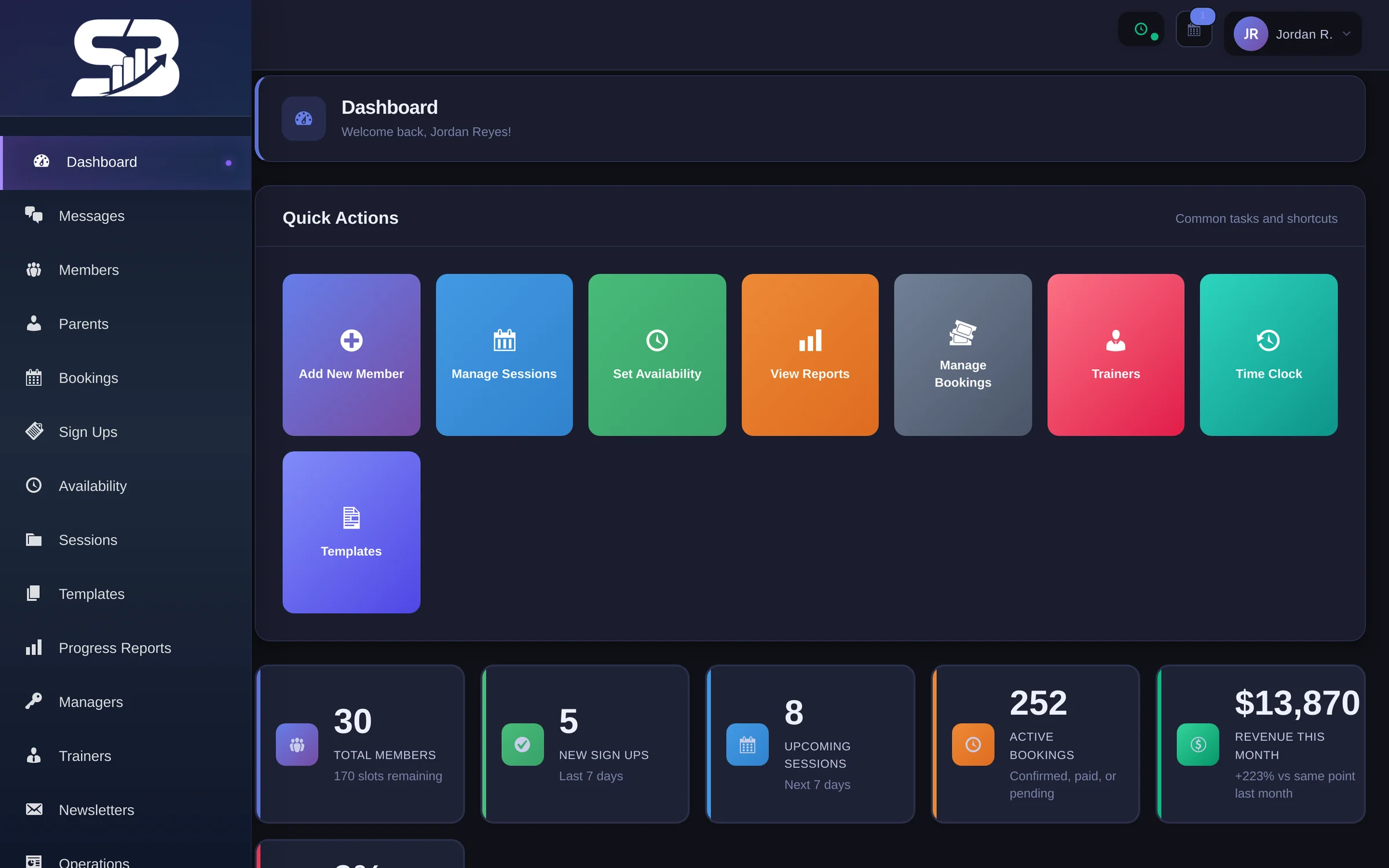 StatBuddi admin dashboard with quick actions and business stats