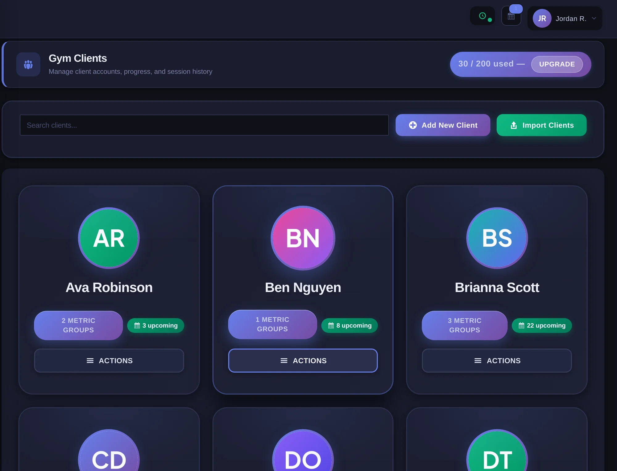 Client cards with metric groups and upcoming session counts