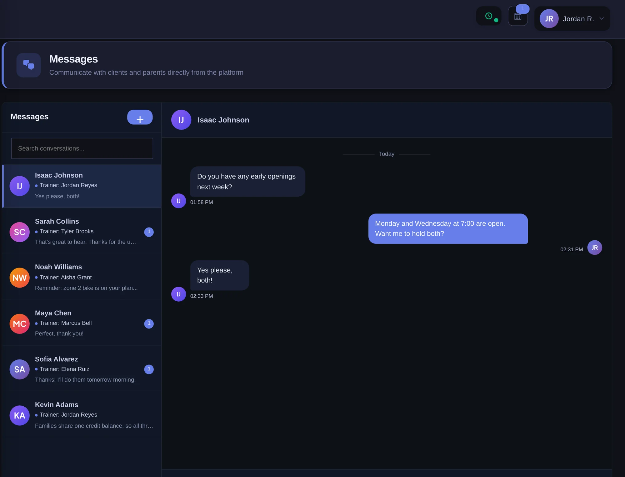 In-app messaging between a trainer and a client
