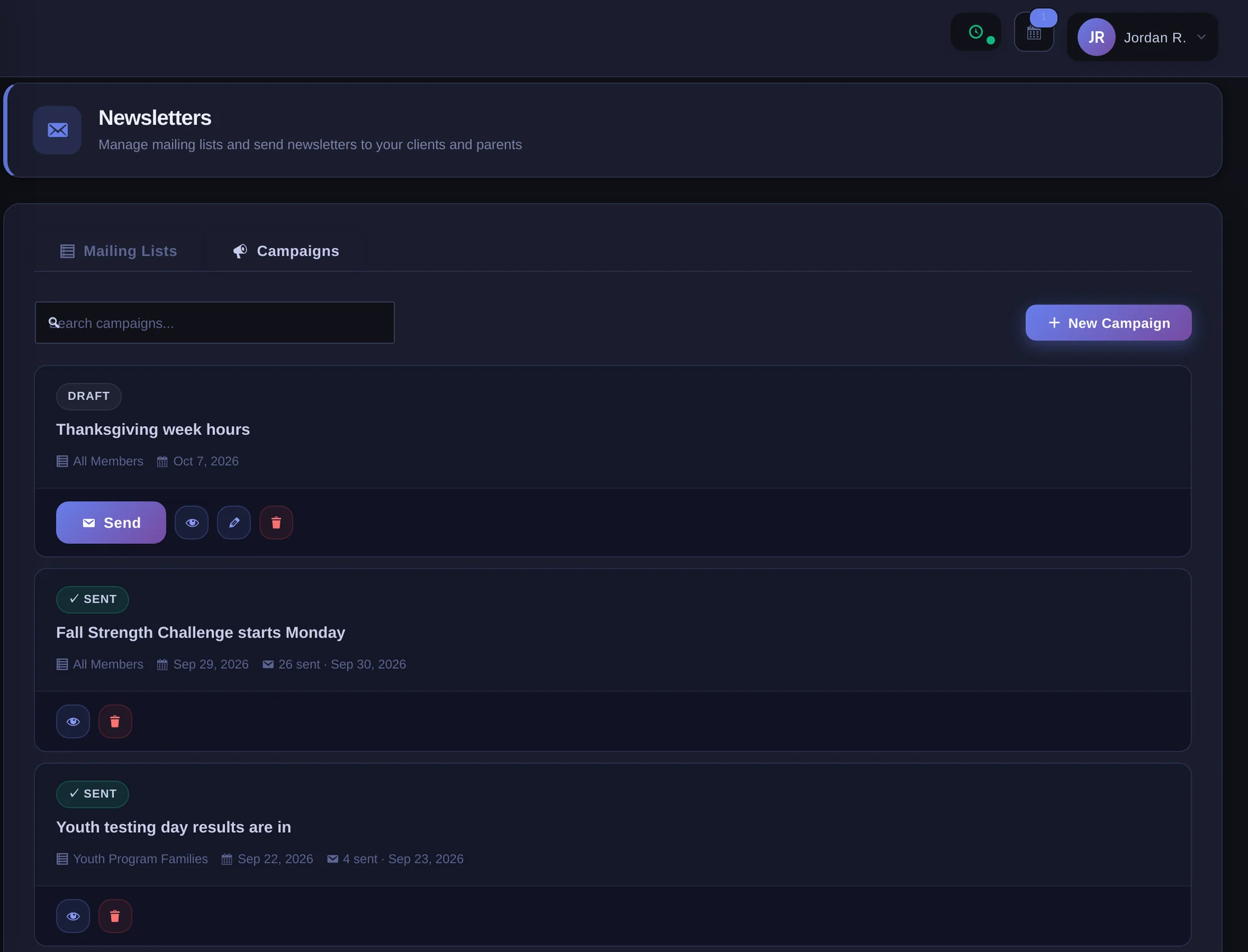 Newsletter campaigns with sent and draft emails