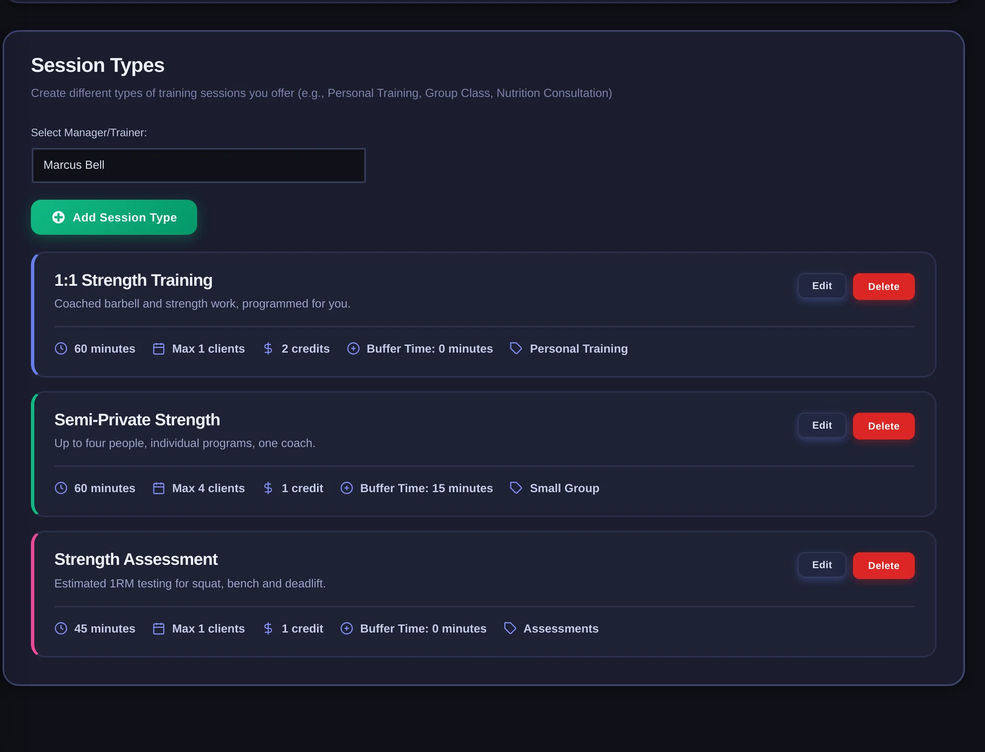 Session types with duration, capacity, credits and category
