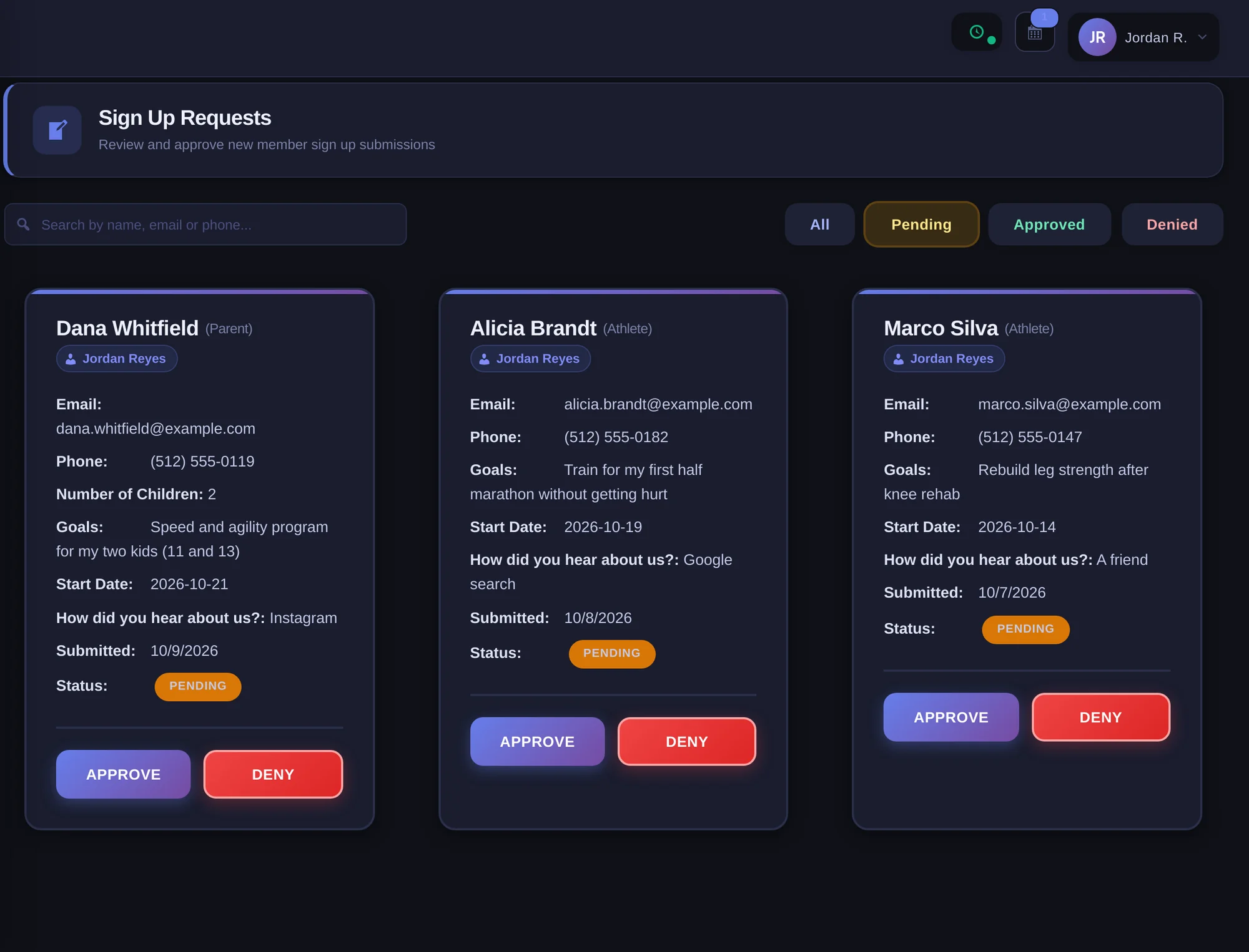 Sign-up requests waiting for approval