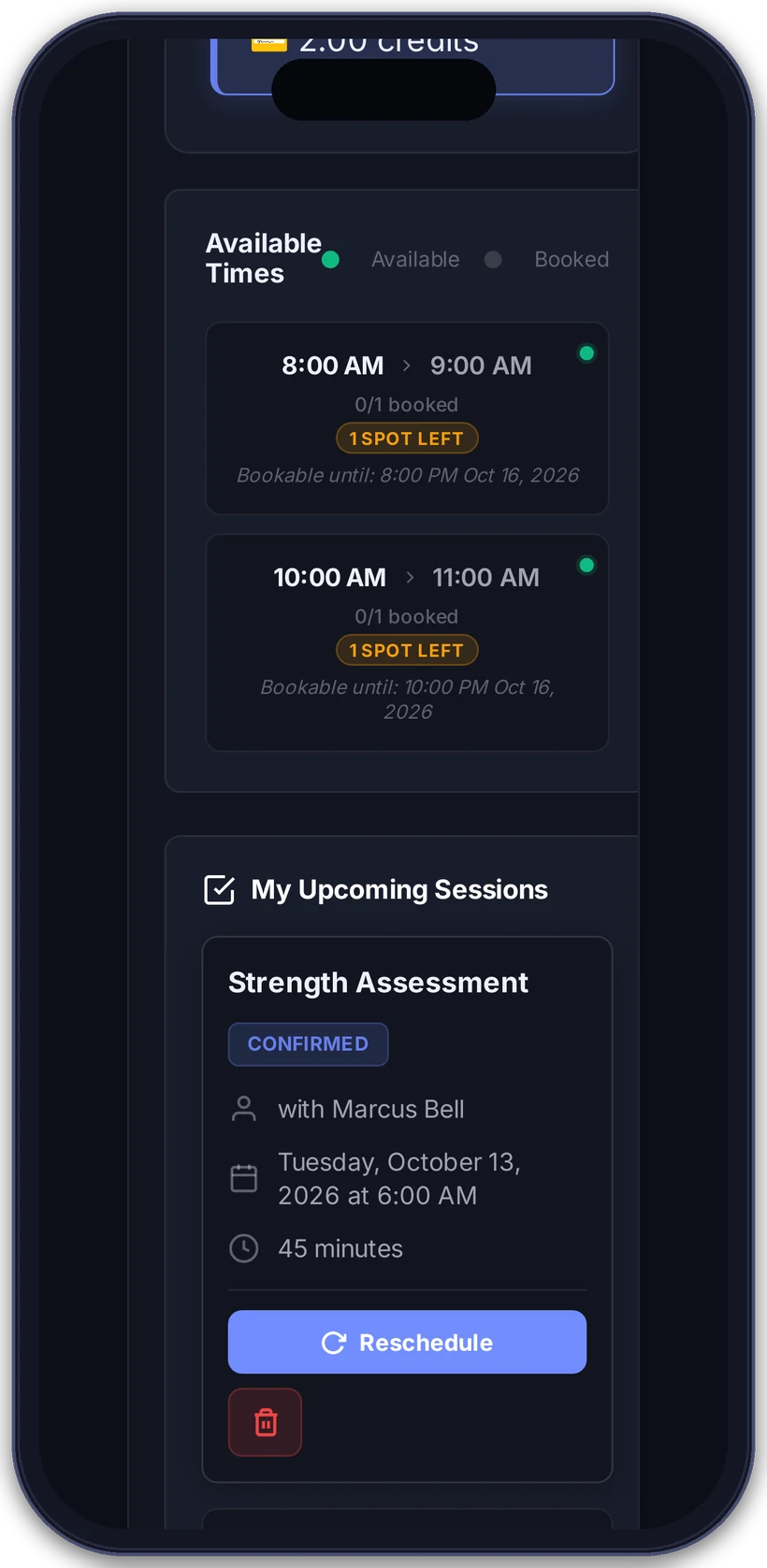 Booking time slots on a phone