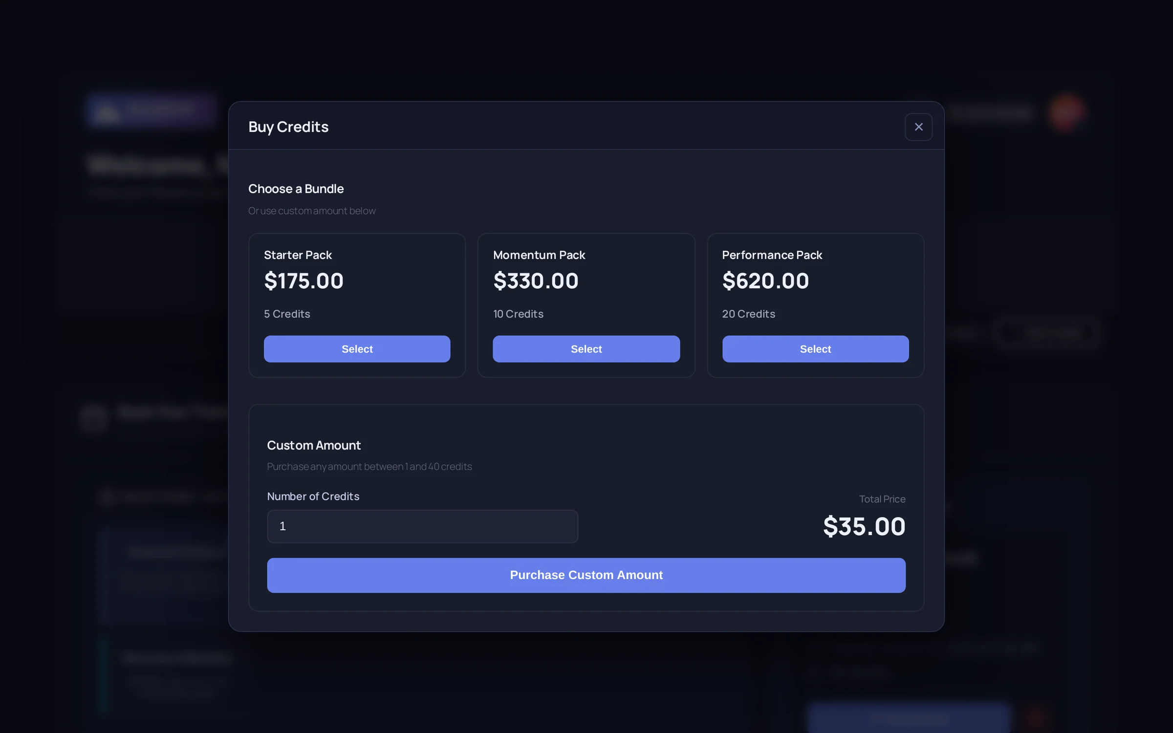Buy credits window with credit bundles and a custom amount