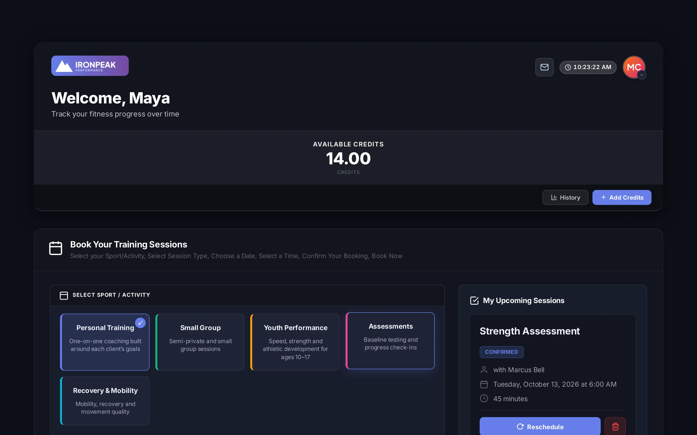 Client portal home with credit balance and booking