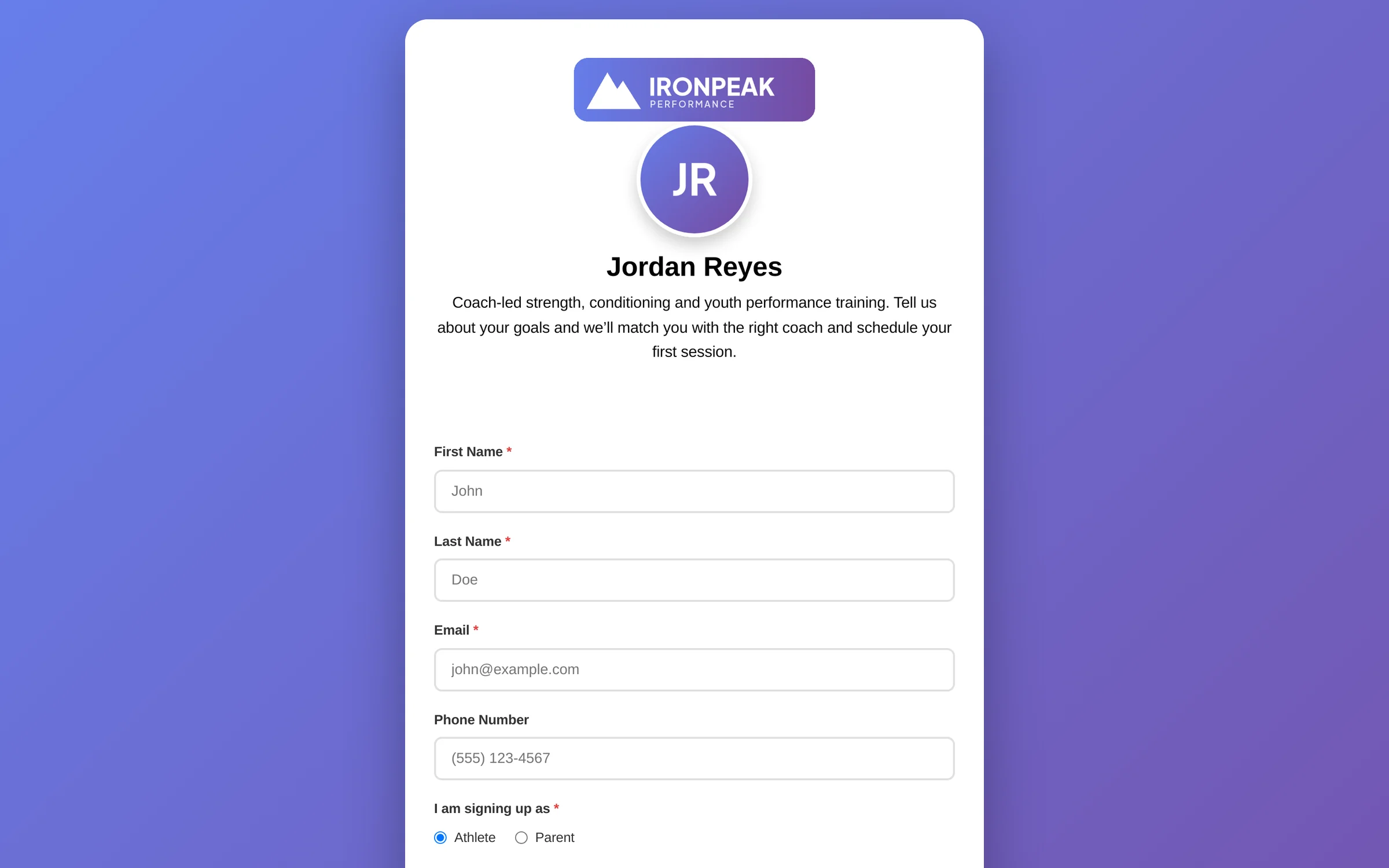 Branded sign-up page for new clients